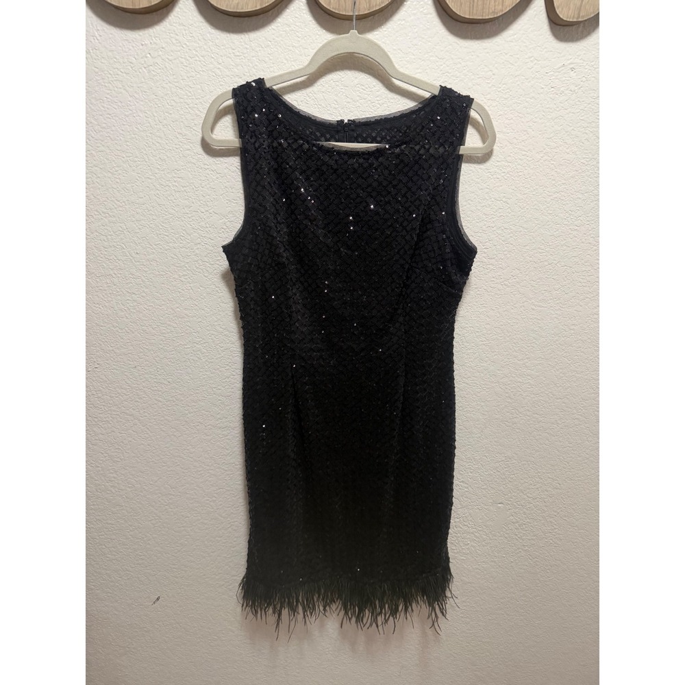 Adrianna Papell Black Sequined Lattice Feather Trim Cocktail Dress Womens 10